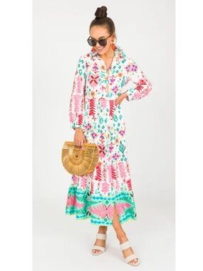 Shop the Mint Tropical Button-Up Tiered Shirt Maxi Dress Resortwear White Small